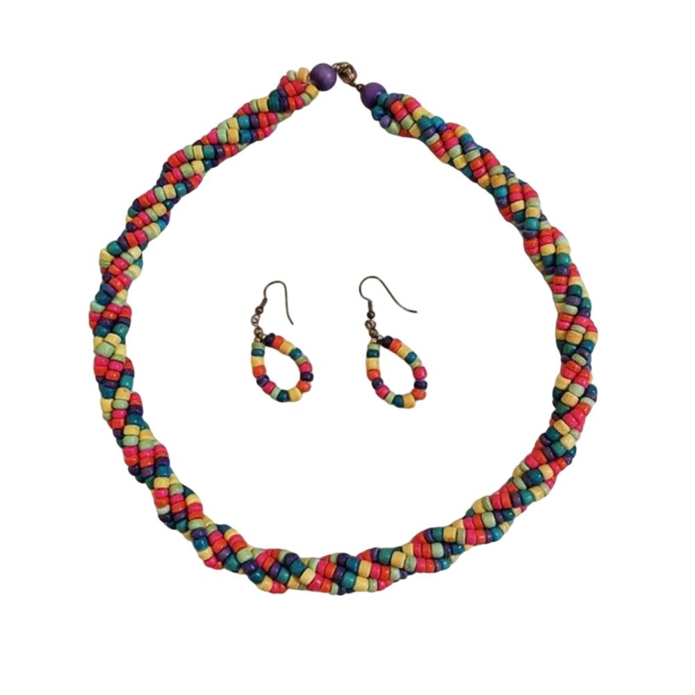 Vintage Multicolor Beaded Necklace and Earrings Set Women One Size Handmade